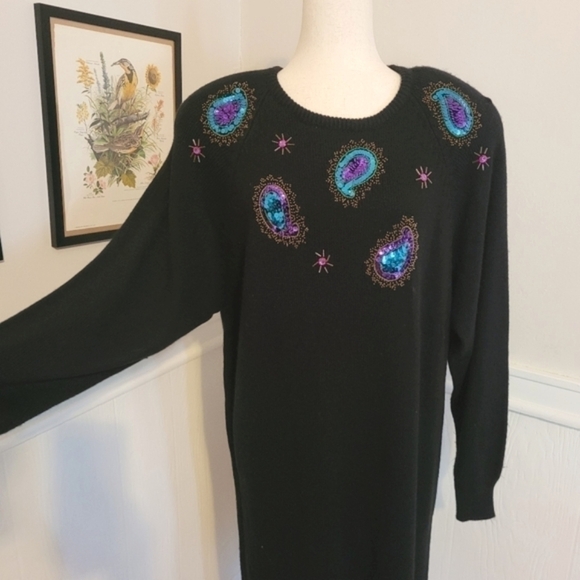 VINTAGE 80s Sequin Beaded Maxi Sweater Dress Long Sleeve Medium - Picture 3 of 8